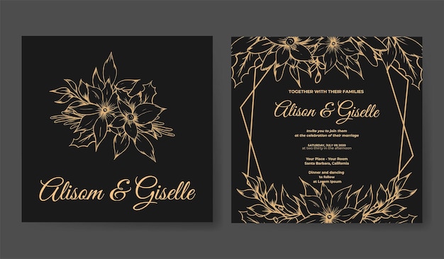 Tarjeta de invitación de boda con lujo floral de contorno de boceto dibujado a mano