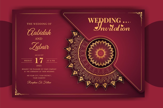 Tarjeta de invitación de boda mandala ornamental de lujo con fondo islámico árabe arabesco dorado