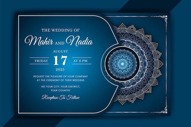 Tarjeta de invitación de boda mandala ornamental de lujo con fondo islámico árabe arabesco dorado