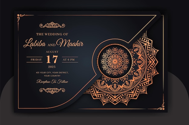 Tarjeta de invitación de boda mandala ornamental de lujo con fondo islámico árabe arabesco dorado