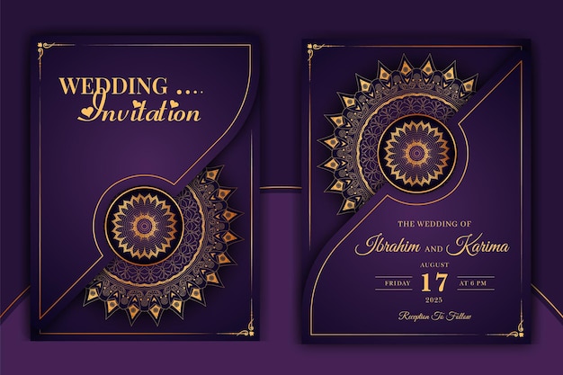 Tarjeta de invitación de boda mandala ornamental de lujo con fondo islámico árabe arabesco dorado