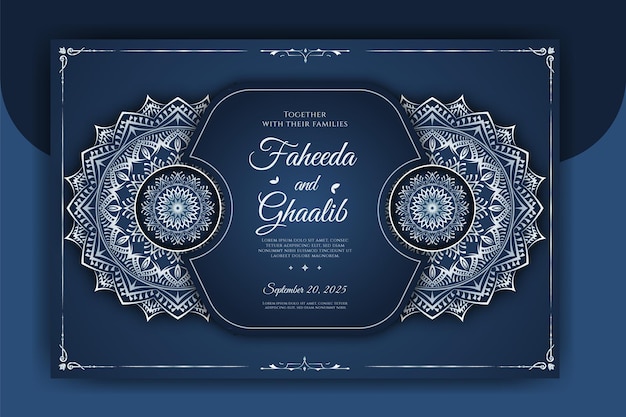 Tarjeta de invitación de boda mandala ornamental de lujo con fondo islámico árabe arabesco dorado