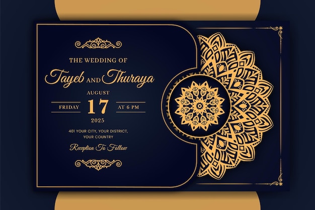 Tarjeta de invitación de boda mandala ornamental de lujo con fondo islámico árabe arabesco dorado