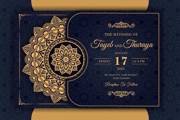 Tarjeta de invitación de boda mandala ornamental de lujo con fondo islámico árabe arabesco dorado