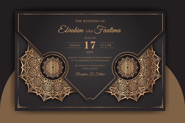 Tarjeta de invitación de boda mandala ornamental de lujo con fondo islámico árabe arabesco dorado