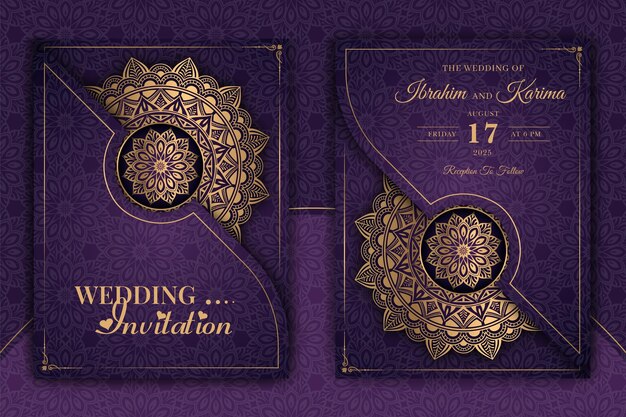 Tarjeta de invitación de boda mandala ornamental de lujo con fondo islámico árabe arabesco dorado