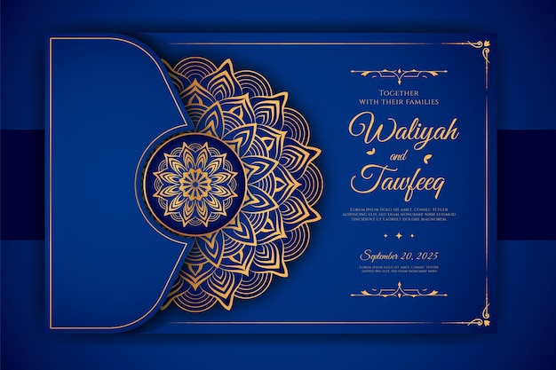 Vector tarjeta de invitación de boda mandala ornamental de lujo con fondo islámico árabe arabesco dorado