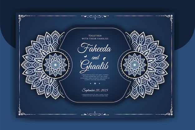 Tarjeta de invitación de boda mandala ornamental de lujo con fondo islámico árabe arabesco dorado