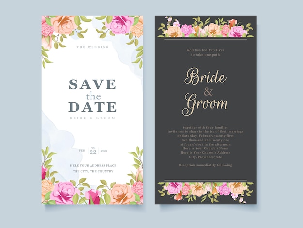 Tarjeta de invitación de boda con marco de flores de acuarela