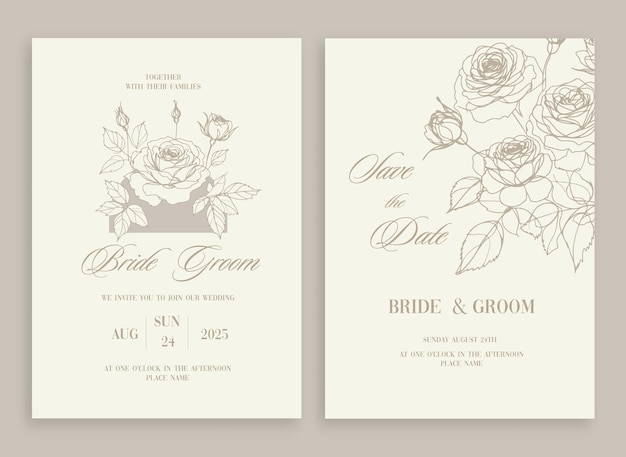 Tarjeta de invitación de boda con marco de flores personalizado sobre fondo beige