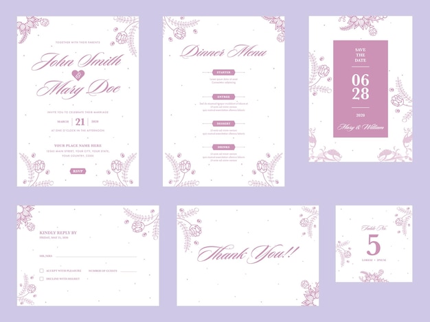 Tarjeta de invitación de boda con menú de cena Guardar la fecha Tabla No y Gracias Diseño de plantilla