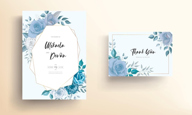 Tarjeta de invitación de boda moderna con flores azules