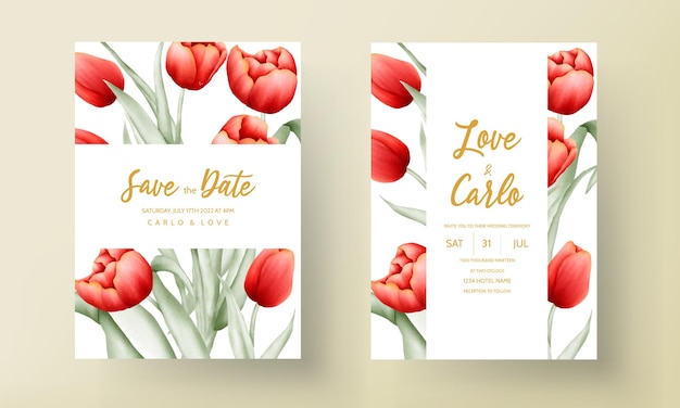 Tarjeta de invitación de boda moderna con hermosa flor de tulipán rojo