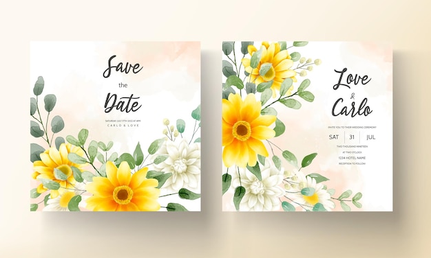 Tarjeta de invitación de boda moderna con hermosas decoraciones florales de acuarela