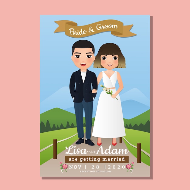 Vector tarjeta de invitación de boda la novia y el novio linda pareja de dibujos animados con paisaje hermoso en el fondo de primavera