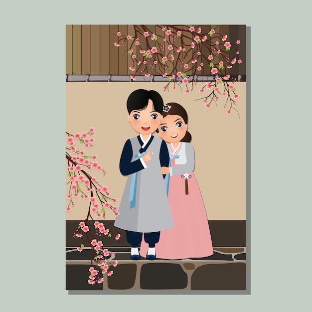 Tarjeta de invitación de boda la novia y el novio linda pareja en traje de hanbok tradicional personaje de dibujos animados de corea del sur. ilustración.