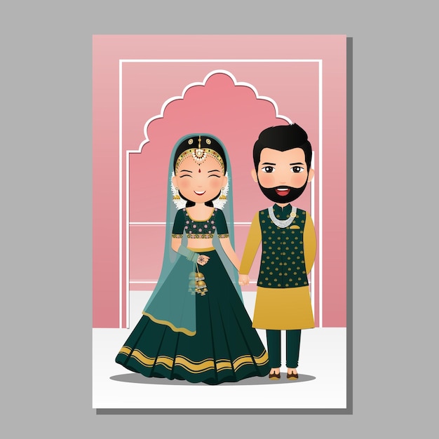 Tarjeta de invitación de boda la novia y el novio linda pareja en traje tradicional indio ilustración de personaje de dibujos animados