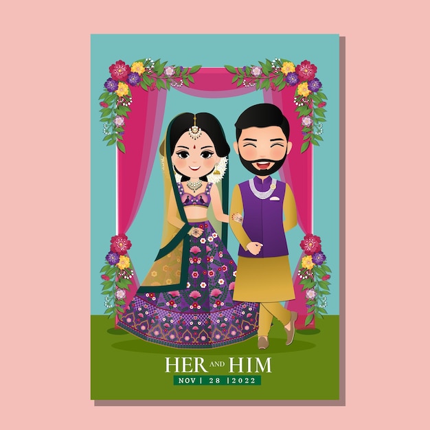 Vector tarjeta de invitación de boda la novia y el novio linda pareja en vestido tradicional indio de dibujos animados