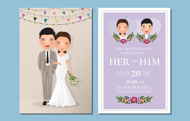Tarjeta de invitación de boda la novia y el novio personaje de dibujos animados lindo pareja.colorido para celebración de eventos