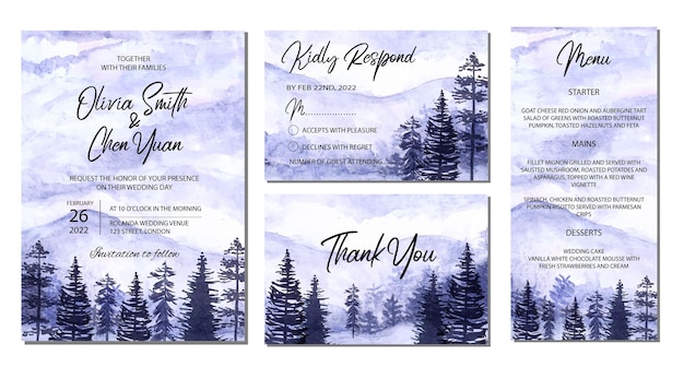 Tarjeta de invitación de boda paisaje de montaña de invierno con fondo de pino