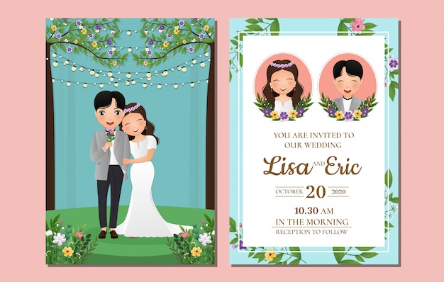 Tarjeta de invitación de boda el personaje de dibujos animados de la linda pareja de novios ilustración colorida para la celebración del evento