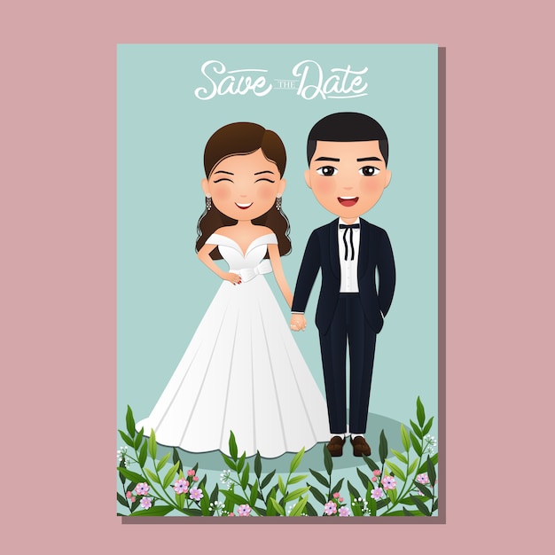 Tarjeta de invitación de boda el personaje de dibujos animados lindo pareja de novios.