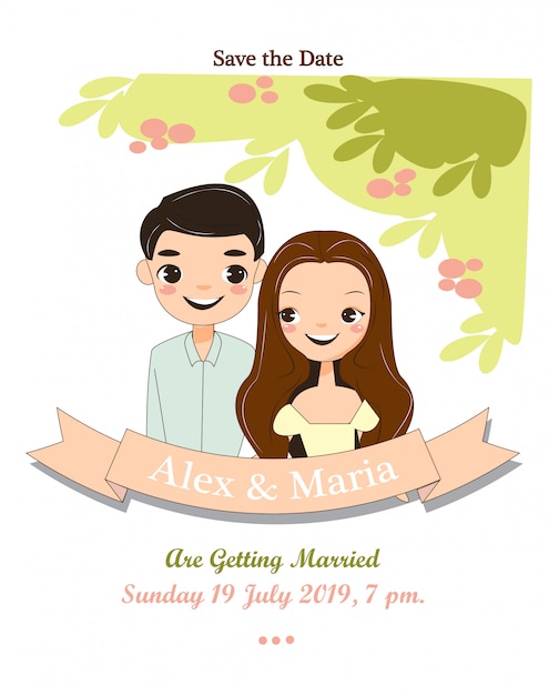 Vector tarjeta de invitación de boda con personajes de pareja