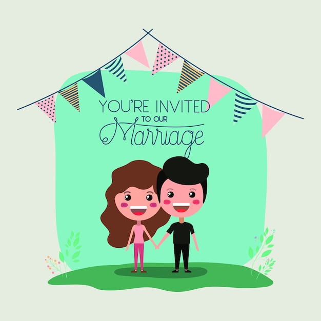 Tarjeta de invitación de boda con personajes de pareja