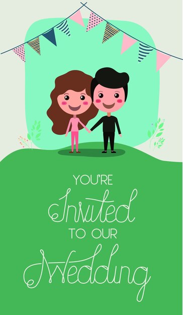 Tarjeta de invitación de boda con personajes de pareja