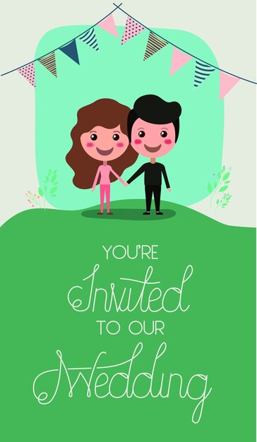 Vector tarjeta de invitación de boda con personajes de pareja