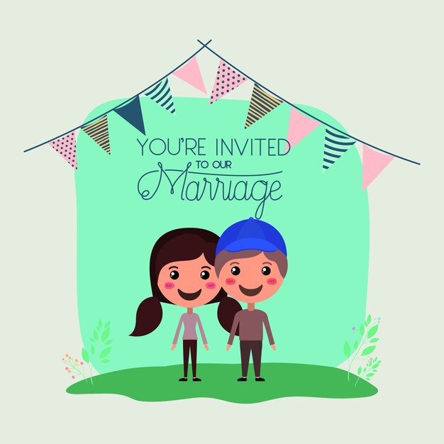 Tarjeta de invitación de boda con personajes de pareja