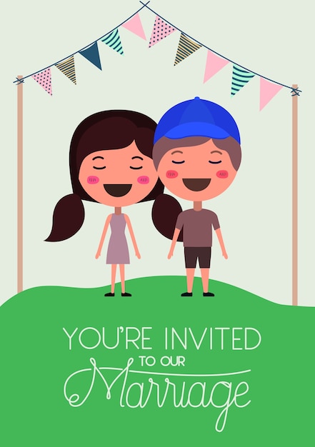 Tarjeta de invitación de boda con personajes de pareja