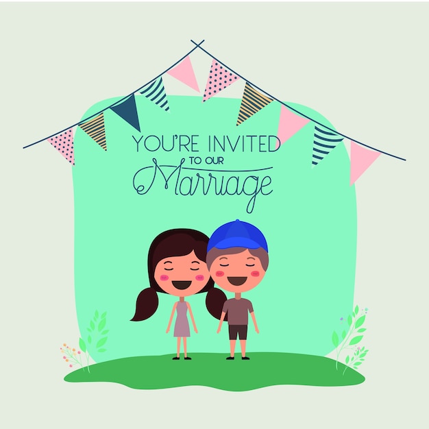 Tarjeta de invitación de boda con personajes de pareja