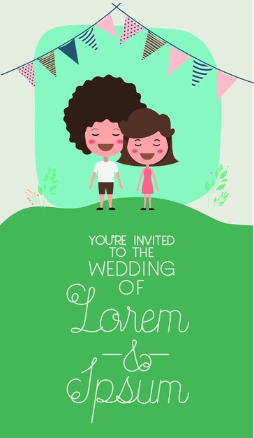 Vector tarjeta de invitación de boda con personajes de pareja