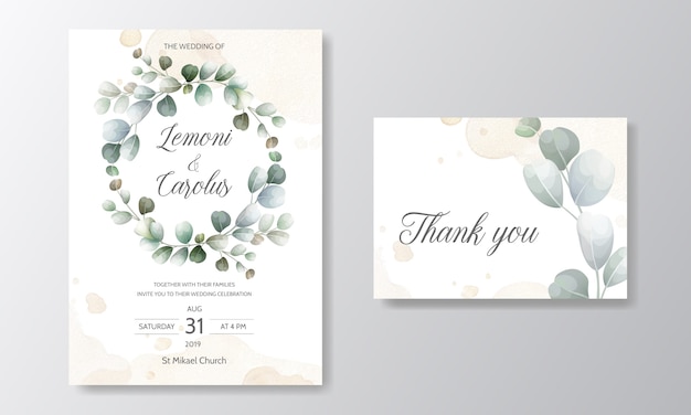 Tarjeta de invitación de boda con plantilla de hojas de eucalipto