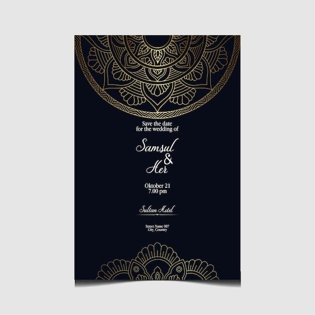 Tarjeta de invitación de boda con plantilla de mandala. mano dibujo mandala zentangle.