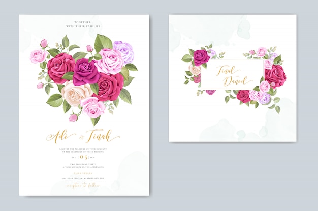 Tarjeta de invitación de boda con plantilla de marco floral y hojas