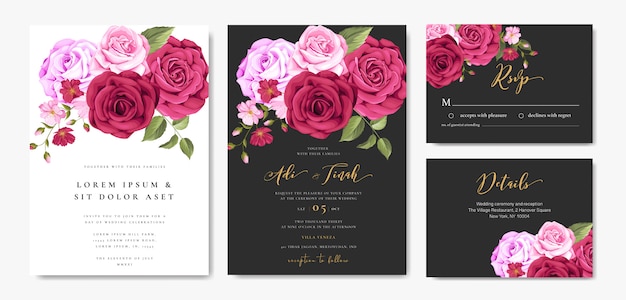 Tarjeta de invitación de boda con plantilla de marco floral y hojas