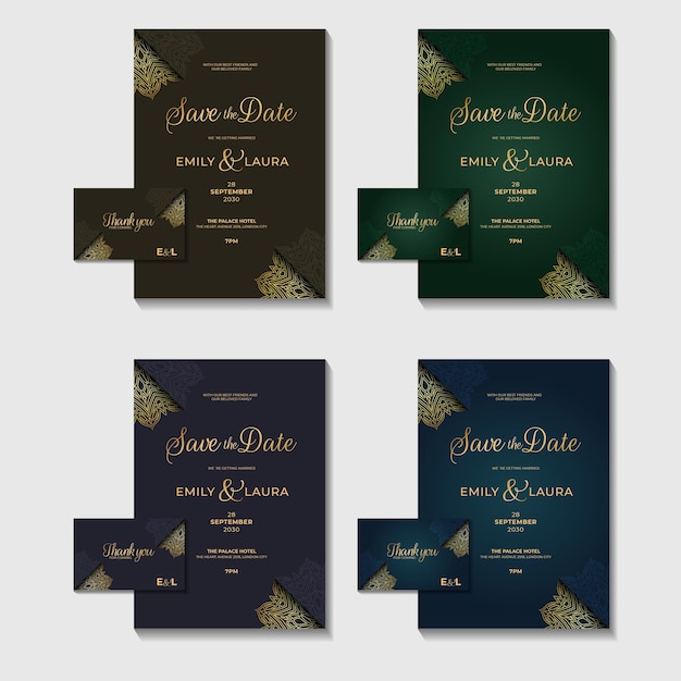 tarjeta de invitación de boda real de lujo elegante colección oriental conjunto mega paquete ilustrado elementos dorados diseño geométrico variaciones de color tarjeta de volante