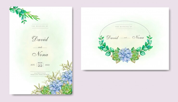 Tarjeta de invitación de boda romántica con hojas y suculentas.