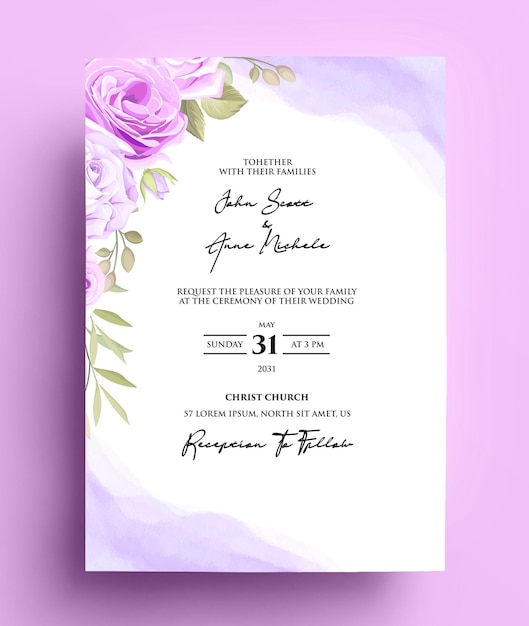 Tarjeta de invitación de boda rosa rosa con hojas doradas y marcos.