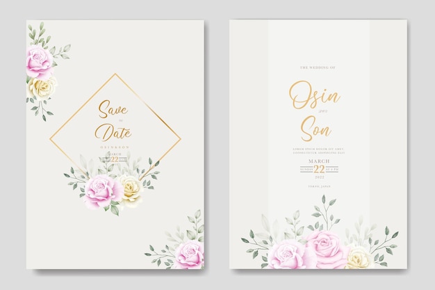 Tarjeta de invitación de boda con rosas florales acuarela