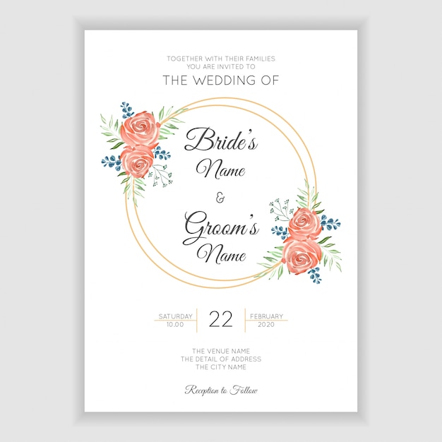 Tarjeta de invitación de boda rústica con corona de flores acuarela