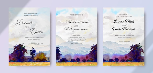 Tarjeta de invitación de boda set acuarela paisaje pinturas cielo nube árbol y cordillera