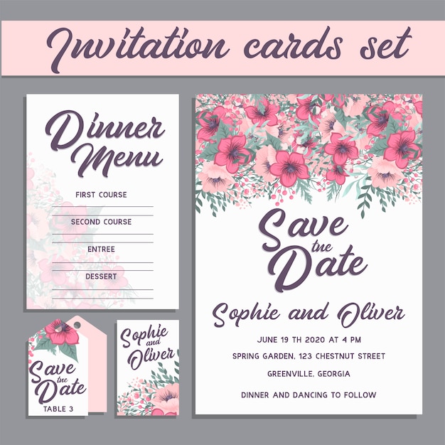 Tarjeta de invitación de boda suite con plantillas de flores.