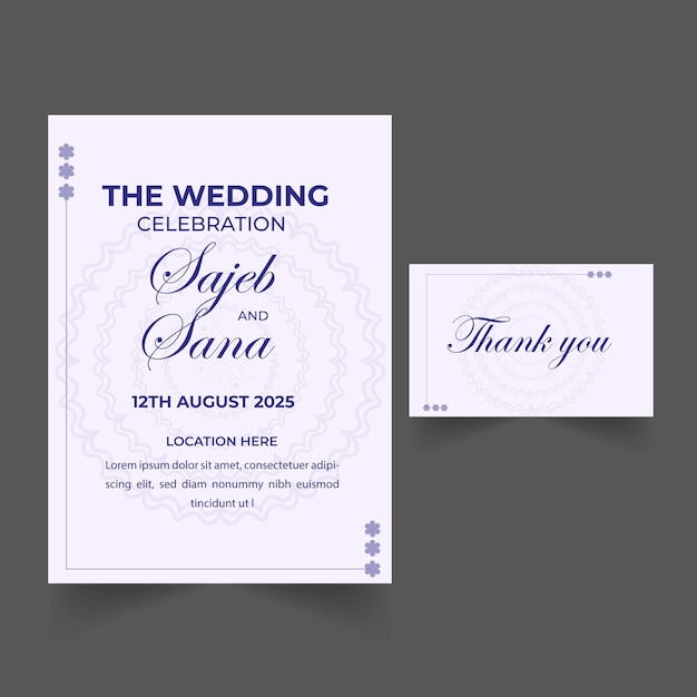 Tarjeta de invitación de boda y tarjeta de agradecimiento en color lavanda