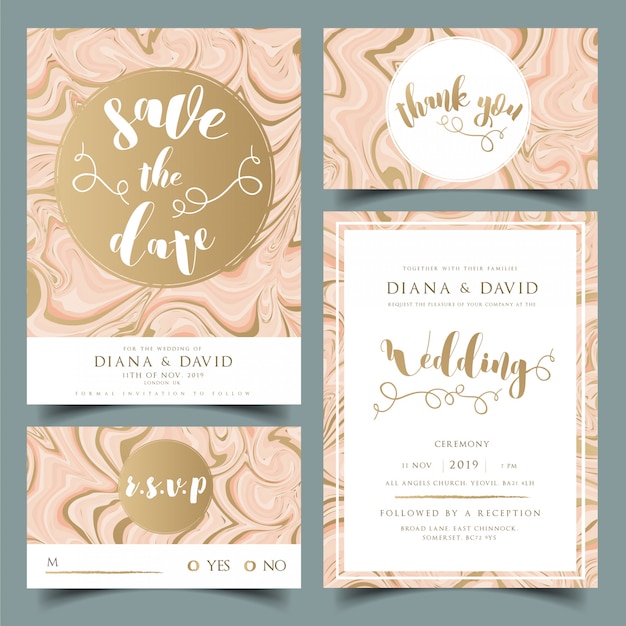 Tarjeta de invitación de boda, tarjeta de agradecimiento, tarjeta RSVP y tarjeta Save the Date