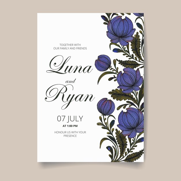 Tarjeta de invitación de boda vectorial, guarde la fecha con marco dorado, flores, hojas y ramas.