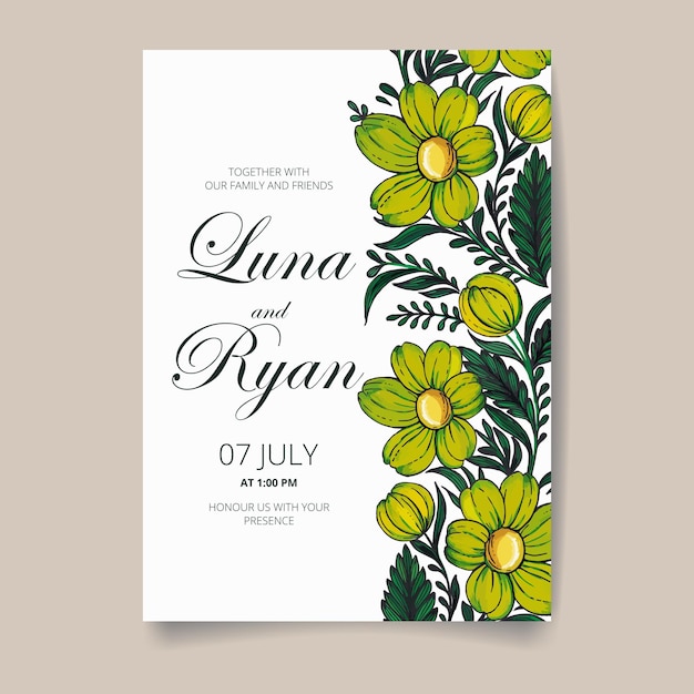 Tarjeta de invitación de boda vectorial, guarde la fecha con marco dorado, flores, hojas y ramas.