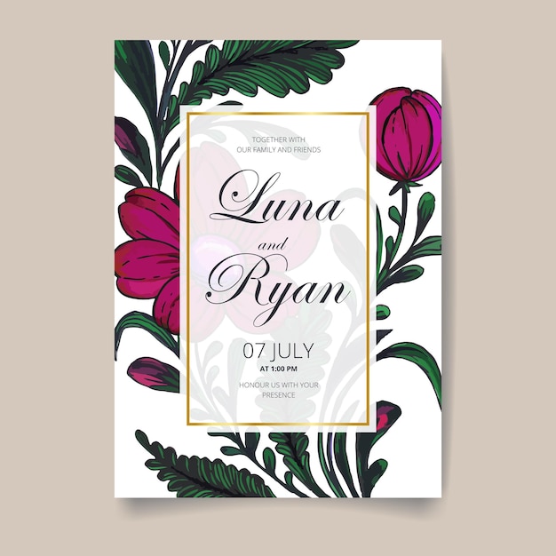 Tarjeta de invitación de boda vectorial, guarde la fecha con marco dorado, flores, hojas y ramas.